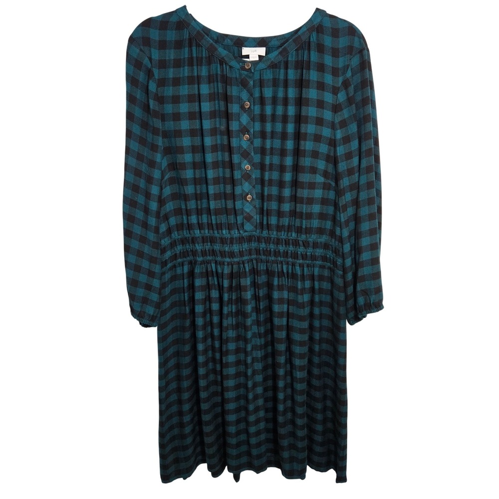 J. Jill‎ Smocked Waist Midi Dress Buffalo Plaid Relaxed L